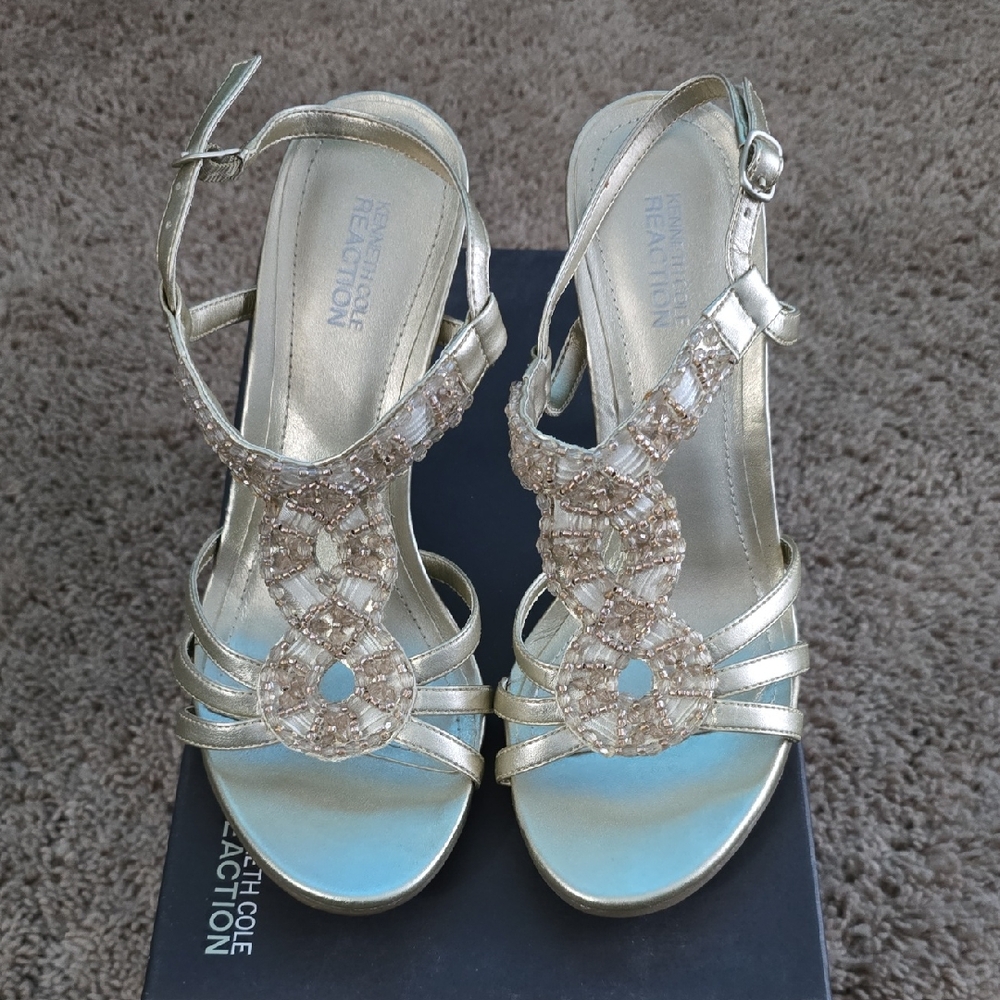 Kenneth Cole Reaction Women's Gold Beaded T-Strap Heels